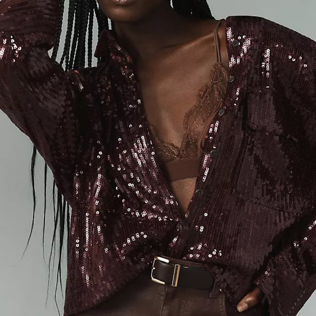 Anthropologie Pilcro Sequin Button Down Shirt - Maroon - Size Small